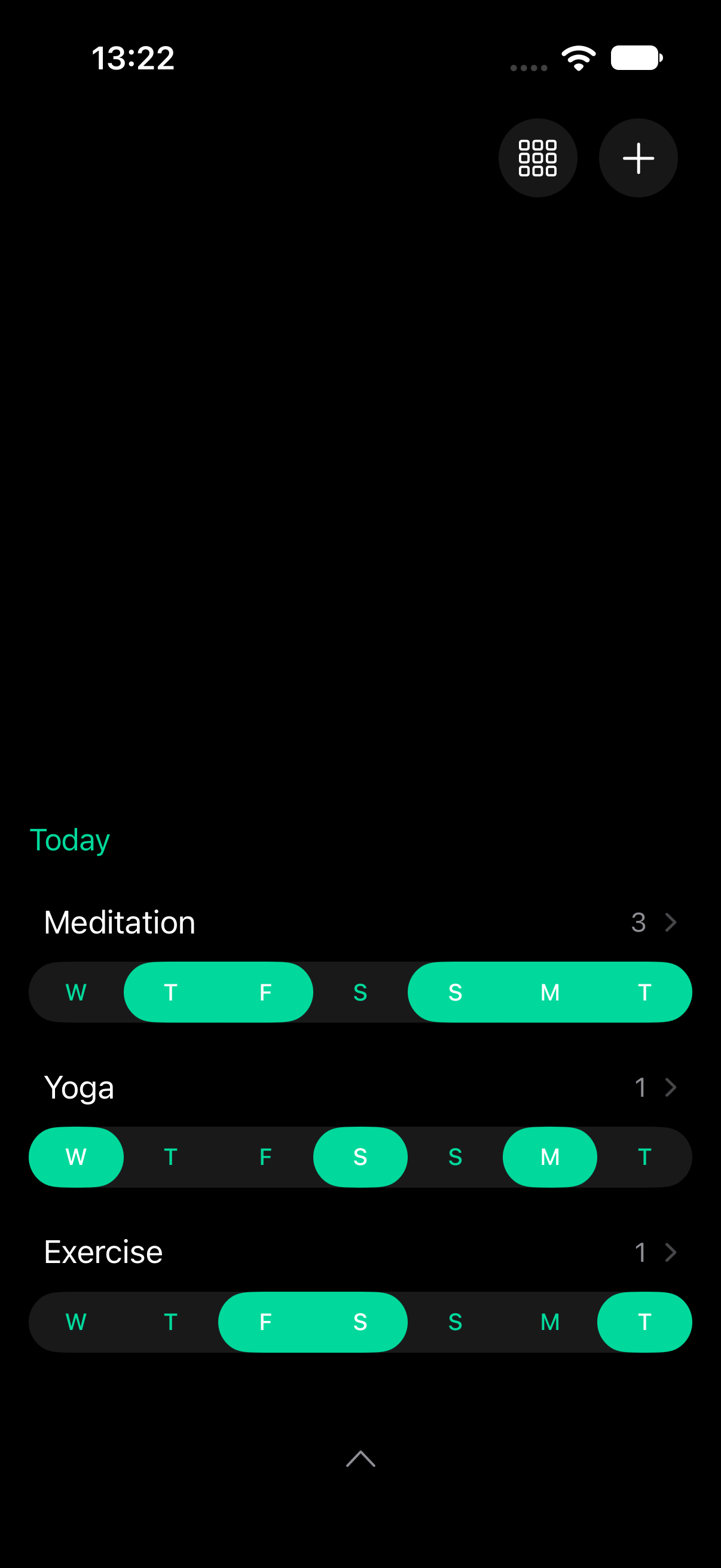 Habits on iPhone, showing Meditation, Yoga and Exercise in the weekly view